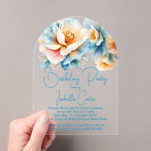 バースデーパーティーブルーイエローホワイトフラワーズ アクリル招待状 (インサイチュ (ポータブル))