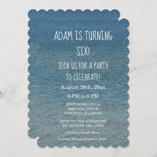 バースデーパーティーブルーウォーターカスタム風光明媚な年齢2024 招待状 (正面/裏面)