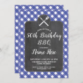 バースデーパーティーブルーギンガムチョークBBQ招待状 招待状 (正面/裏面)