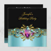 バースデーパーティーブルーズ薄紫ピンクブラック華美画像 招待状 (正面/裏面)