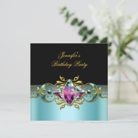 バースデーパーティーブルーズ薄紫ピンクブラック華美画像 招待状 (スタンド正面)