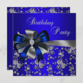 バースデーパーティーブルーダマスクパールシルバーブラック 招待状 (正面/裏面)
