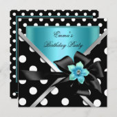 バースデーパーティーブルーティール(緑がかった色)ブラック水玉模様 招待状 (正面/裏面)