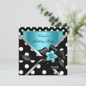 バースデーパーティーブルーティール(緑がかった色)ブラック水玉模様 招待状 (スタンド正面)