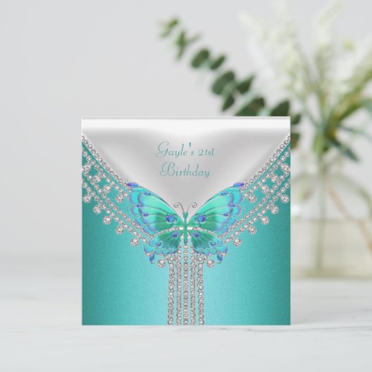 バースデーパーティーブルーティール（緑がかった色）ホワイトバタフライ 招待状 (スタンド正面)