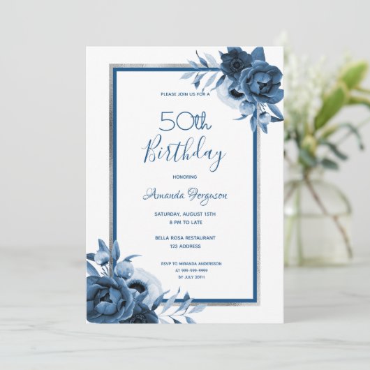 バースデーパーティーブルー花模様ホワイトシルバー 招待状 (スタンド正面)