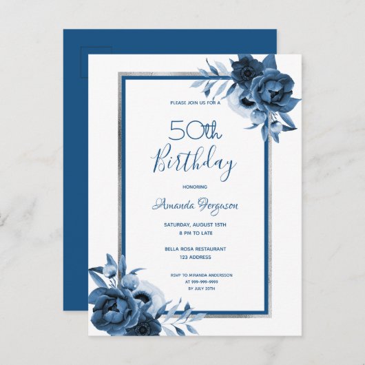 バースデーパーティーブルー花模様白人招待 ポストカード (正面/裏面)