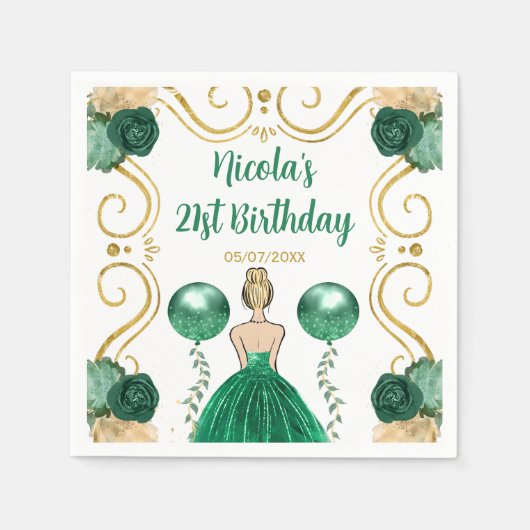 バースデーパーティーブロンデプリンセスイングリーン スタンダードカクテルナプキン (正面)