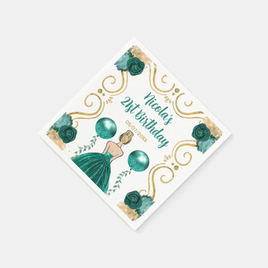 バースデーパーティーブロンデプリンセスインティール(緑がかった色) スタンダードカクテルナプキン (角)