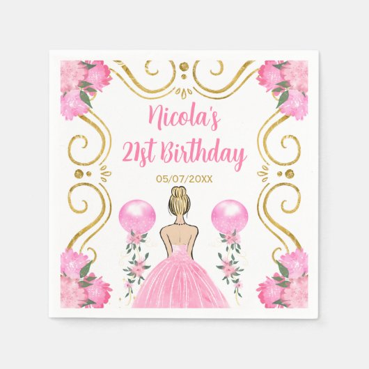 バースデーパーティーブロンデプリンセスインピンク スタンダードカクテルナプキン (正面)