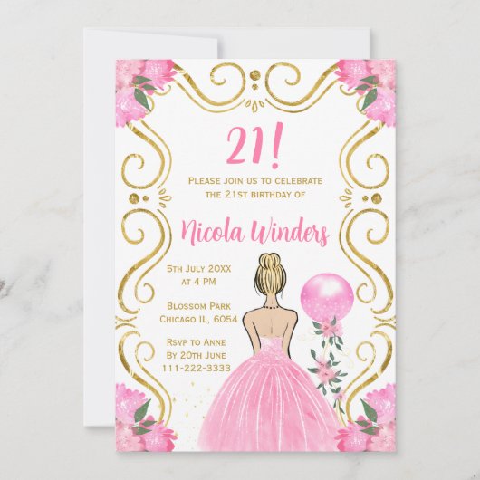 バースデーパーティーブロンデプリンセスインピンク 招待状 (正面)