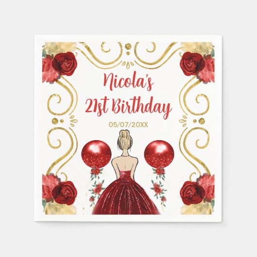 バースデーパーティーブロンデプリンセスインレッド スタンダードカクテルナプキン (正面)