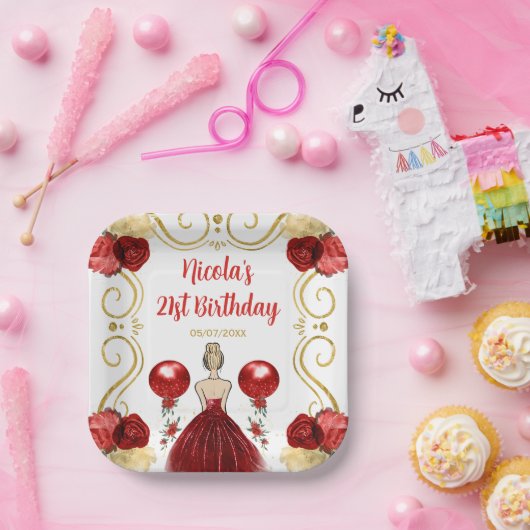 バースデーパーティーブロンデプリンセスインレッド ペーパープレート (パーティー)