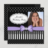 バースデーパーティーブローグブラック薄紫ホワイト水玉模様 招待状 (正面/裏面)