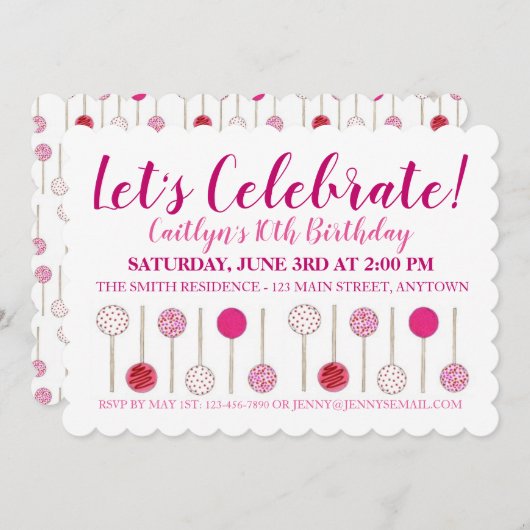 バースデーパーティーベビーブライダルシャワーピンクケーキポップ 招待状 (正面/裏面)