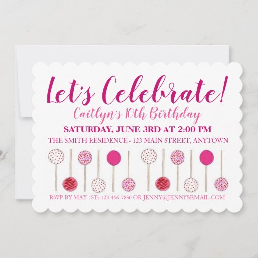 バースデーパーティーベビーブライダルシャワーピンクケーキポップ 招待状 (正面)