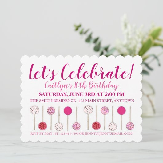バースデーパーティーベビーブライダルシャワーピンクケーキポップ 招待状 (スタンド正面)