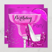 バースデーパーティーホットピンクカクテルハイヒール 招待状 (正面/裏面)