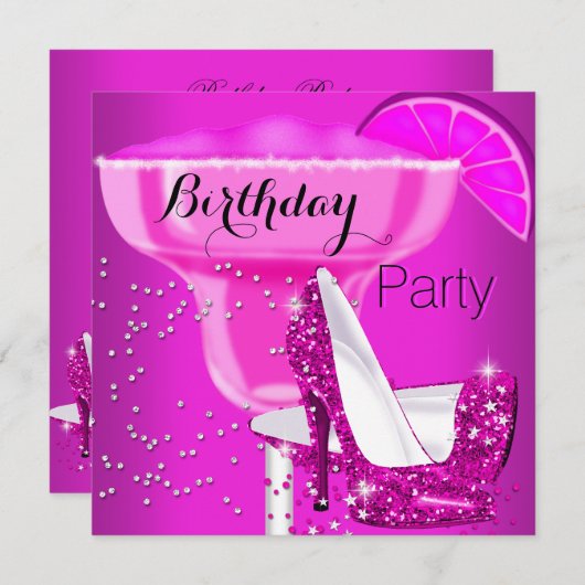 バースデーパーティーホットピンクカクテルハイヒール 招待状 (正面/裏面)