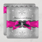 バースデーパーティーホットピンクブラックボウグリッターシルバー 招待状 (正面/裏面)