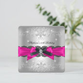 バースデーパーティーホットピンクブラックボウグリッターシルバー 招待状 (スタンド正面)