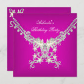 バースデーパーティーホットピンクホワイトシルバーパールジュエル 招待状 (正面/裏面)