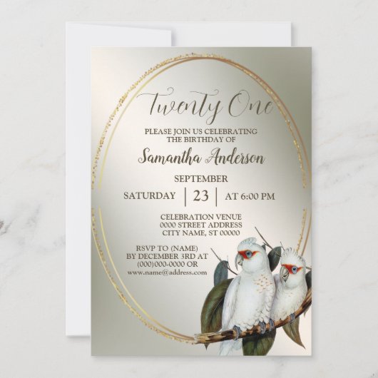 バースデーパーティーホワイトバードコカトオグリーン葉ズ 招待状 (正面)