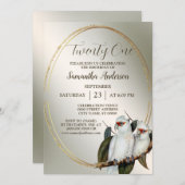 バースデーパーティーホワイトバードコカトオグリーン葉ズ 招待状 (正面/裏面)