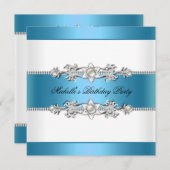 バースデーパーティーホワイトブルーティール（緑がかった色）パールジュエル 招待状 (正面/裏面)