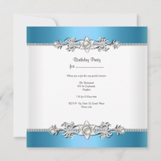 バースデーパーティーホワイトブルーティール（緑がかった色）パールジュエル 招待状 (裏面)