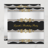 バースデーパーティーホワイト金ゴールドブラックシルバーダイヤモンド 招待状 (正面/裏面)