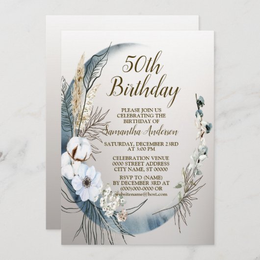 バースデーパーティーボホホワイトオーキッドフラワーズブルームーン 招待状 (正面/裏面)