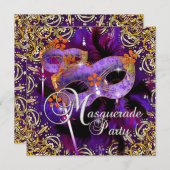 バースデーパーティーマスカレーパープルオレンジ金ゴールド 招待状 (正面/裏面)