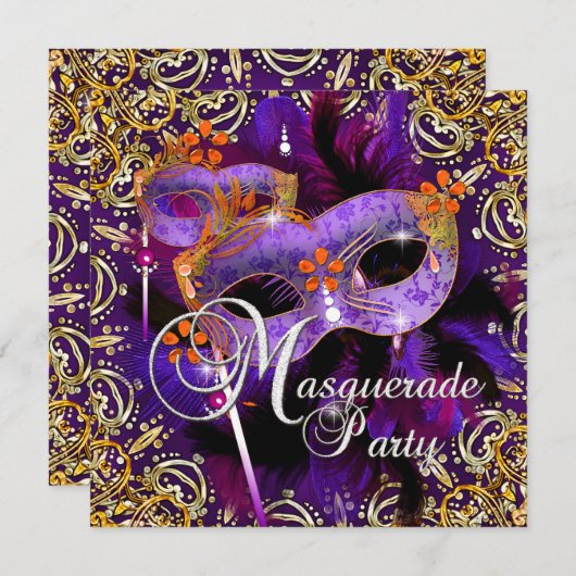バースデーパーティーマスカレーパープルオレンジ金ゴールド 招待状 (正面/裏面)