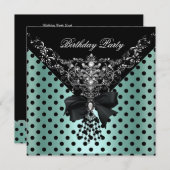 バースデーパーティーミントグリーンブラックスポット水玉模様 招待状 (正面/裏面)