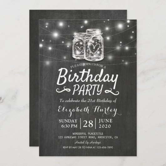 バースデーパーティーメイソンジャースストリングライツチャックボード 招待状 (正面/裏面)