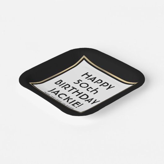 バースデーパーティーモダンブラックホワイトスクエア&金ゴールド ペーパープレート (傾斜あり)