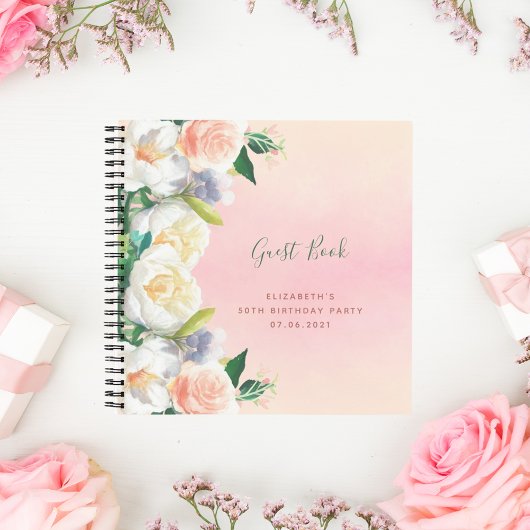 バースデーパーティーライズ金ゴールド花模様ホワイトゲストブック ノートブック