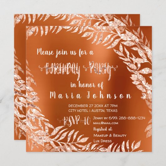 バースデーパーティーリーフリースグリッターバラ金ゴールドコーラル 招待状 (正面/裏面)