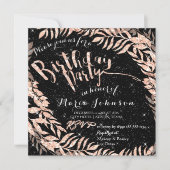 バースデーパーティーリーフリースグリッターブラックバラ金ゴールド 招待状 (正面)