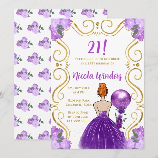 バースデーパーティーレッドヘアプリンセスイン紫 招待状 (正面/裏面)