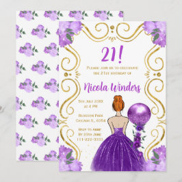 バースデーパーティーレッドヘアプリンセスイン紫 招待状