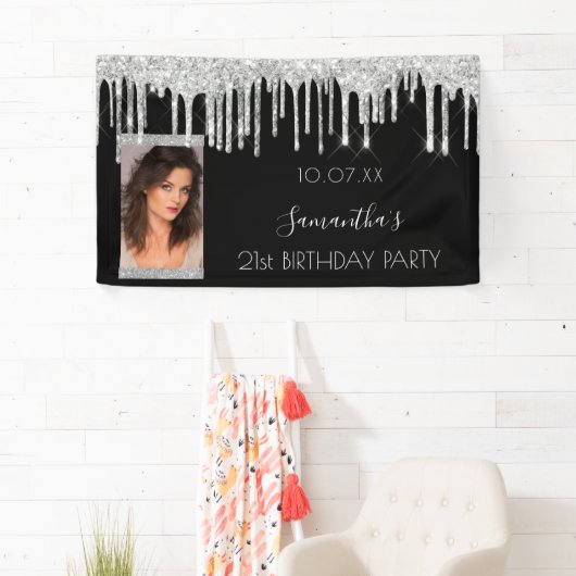 バースデーパーティー写真ブラックシルバーグリッターグラム 横断幕 (インサイチュ)