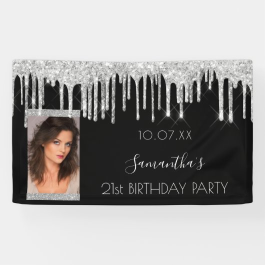 バースデーパーティー写真ブラックシルバーグリッターグラム 横断幕 (横)