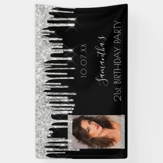 バースデーパーティー写真ブラックシルバーグリッターグラム 横断幕 (縦)