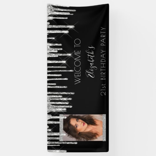 バースデーパーティー写真ブラックシルバーグリッター エレガント 横断幕 (縦)