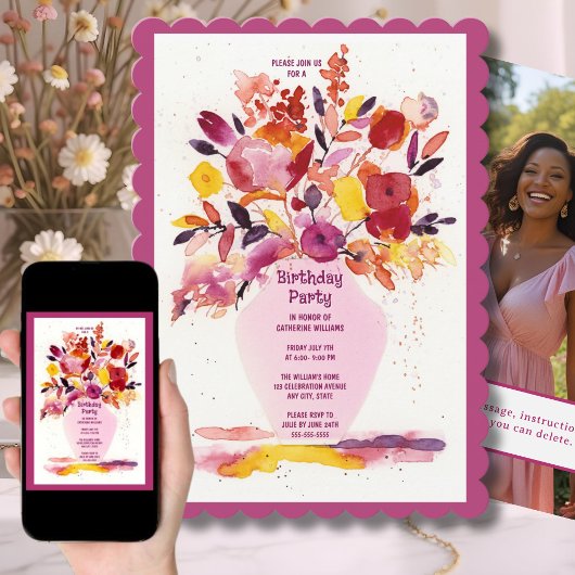 バースデーパーティー招待水彩花瓶 招待状