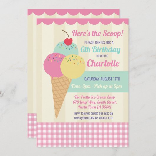 バースデーパーティー招待状アイスクリームスクープパーラー 招待状 (正面/裏面)