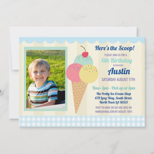 バースデーパーティー招待状アイスクリームボーイズフォトブルー 招待状 (正面)