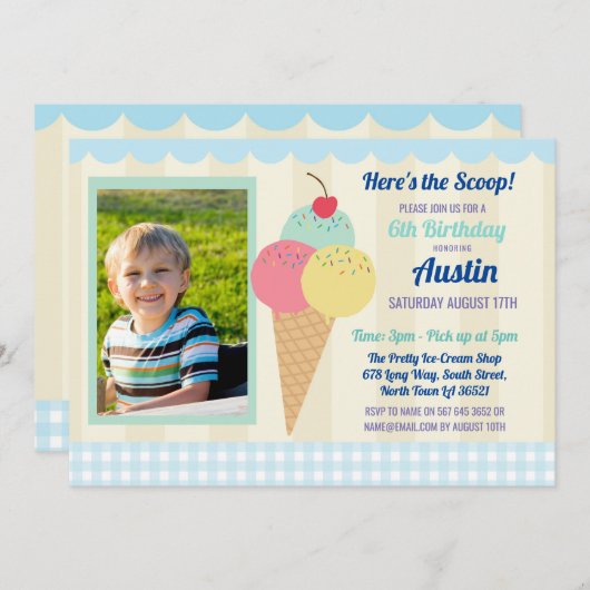 バースデーパーティー招待状アイスクリームボーイズフォトブルー 招待状 (正面/裏面)